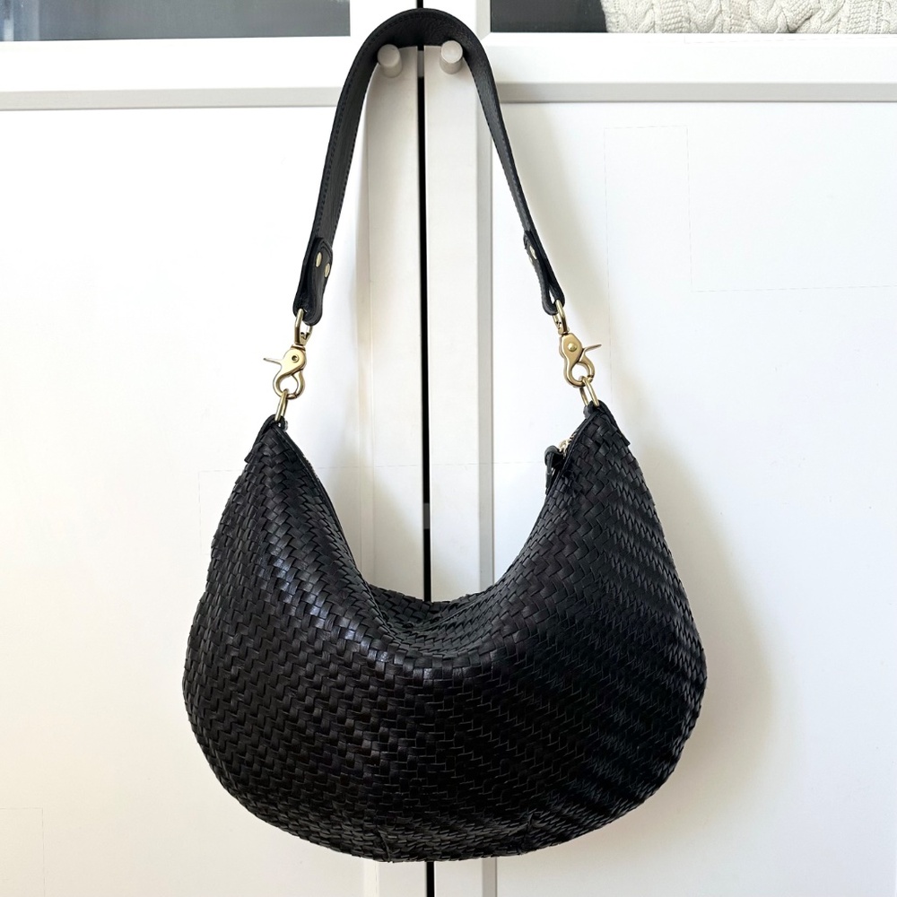 Clare V Moyen Messenger Bag in Black Woven Zig-Zag Leather